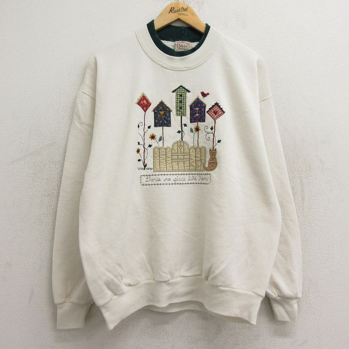 古着 ジャージーズ 長袖 スウェット レディース 90年代 90s 鳥箱 犬 刺繍 大きいサイズ クルーネック USA製 生成り 24aug28 中古 スエット トレーナー トップス
