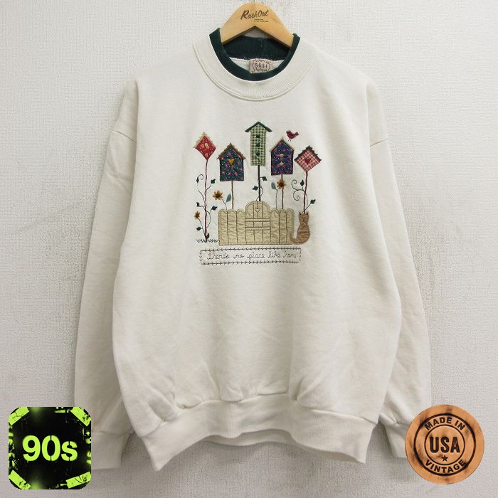 古着 ジャージーズ 長袖 スウェット レディース 90年代 90s 鳥箱 犬 刺繍 大きいサイズ クルーネック USA製 生成り 24aug28 中古 スエット トレーナー トップス