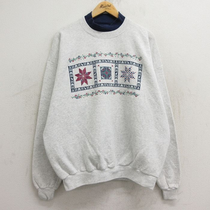 【50%OFF】古着 長袖 スウェット レディース 90年代 90s 花 雪柄 大きいサイズ クルーネック USA製 薄グレー 霜降り 24sep28 中古 スエット トレーナー トップス