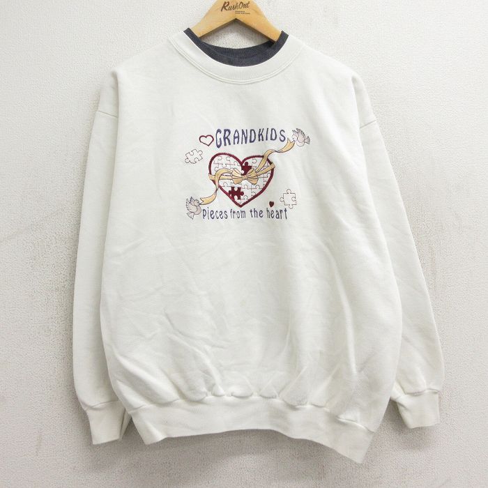 古着 長袖 スウェット レディース 90年代 90s ハート リボン 刺繍 クルーネック USA製 白他 ホワイト 24sep28 中古 スエット トレーナー トップス