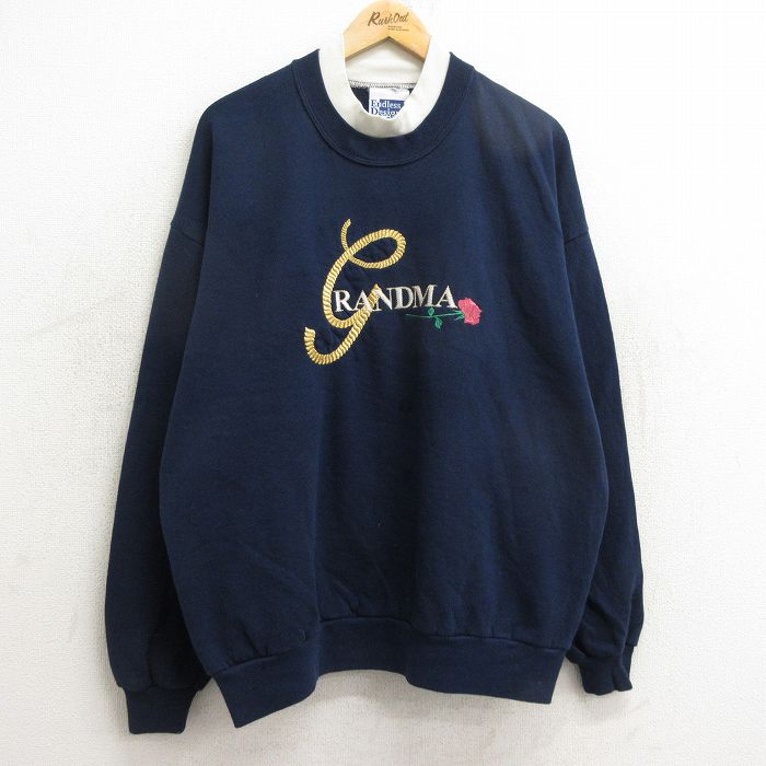 古着 長袖 スウェット レディース 90年代 90s グランマ バラ 刺繍 大きいサイズ クルーネック USA製 紺 ネイビー 24sep28 中古 スエット トレーナー トップス