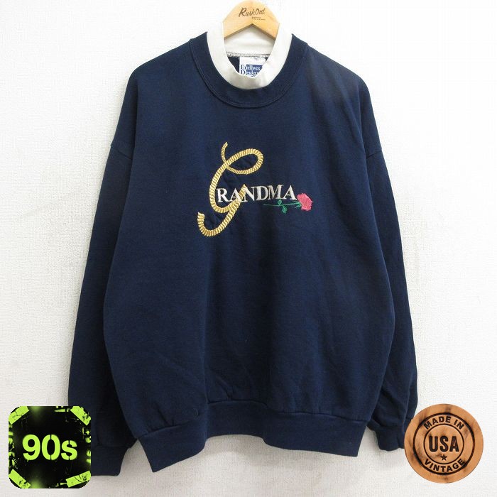 古着 長袖 スウェット レディース 90年代 90s グランマ バラ 刺繍 大きいサイズ クルーネック USA製 紺 ネイビー 24sep28 中古 スエット トレーナー トップス