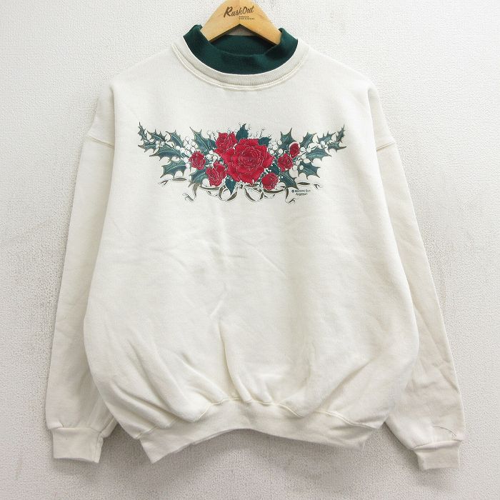 古着 長袖 スウェット レディース 90年代 90s 花 バラ 大きいサイズ クルーネック USA製 白 ホワイト 24oct03 中古 スエット トレーナー トップス