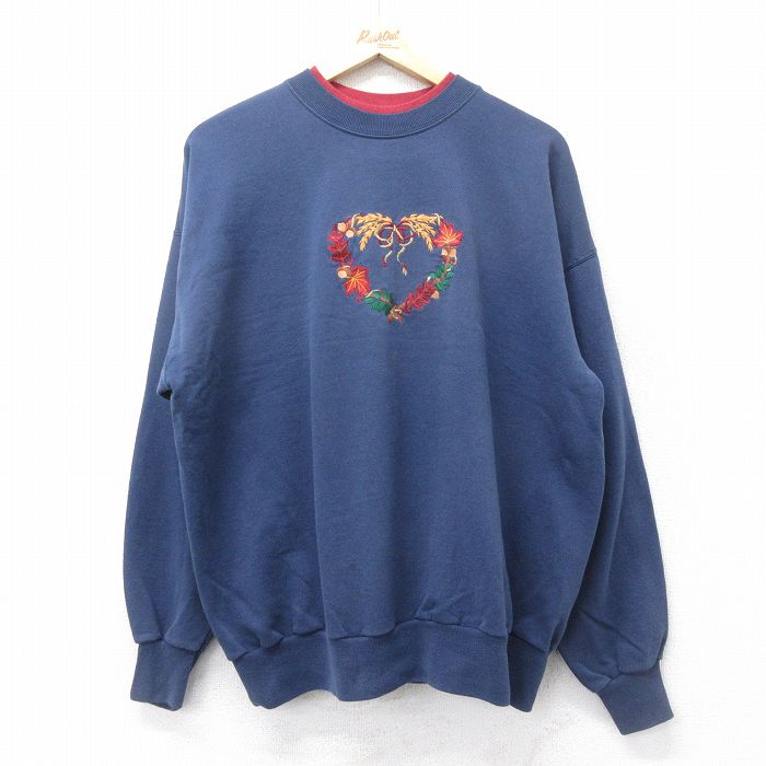 古着 長袖 スウェット レディース 00年代 00s 葉 ハート 刺繍 モックネック ハイネック 紺他 ネイビー 24oct18 中古 スエット トレーナー トップス