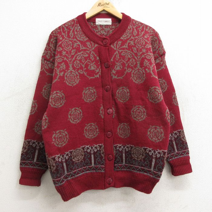 古着 長袖 ニット カーディガン レディース 90年代 90s 花 ウール イギリス製 エンジ系 24oct23 中古 トップス