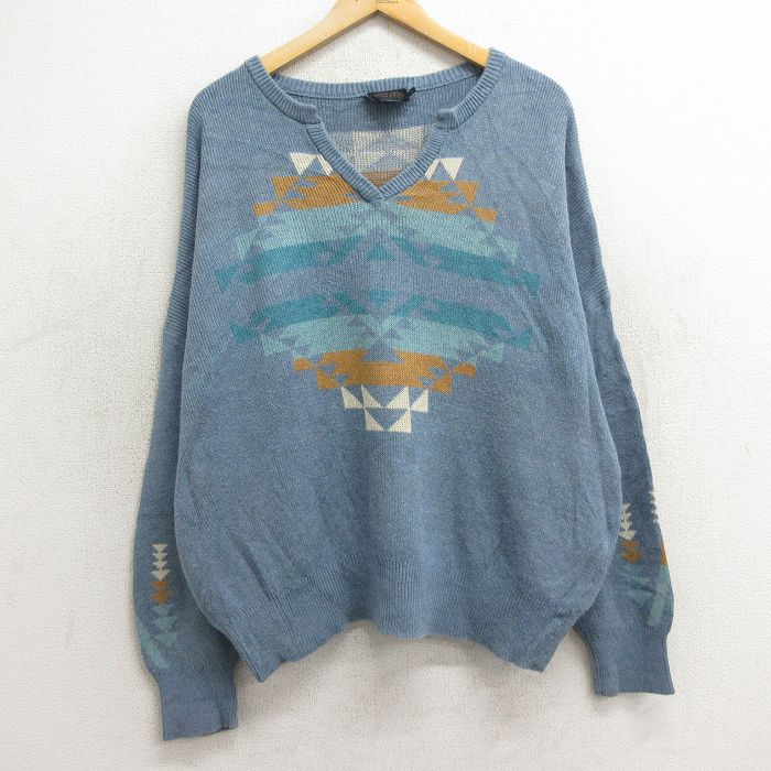 古着 ペンドルトン PENDLETON 長袖 セーター レディース ネイティブ柄 ラグ柄 大きいサイズ コットン Vネック 薄紺 ネイビー 24oct30 中古 ニット トップス