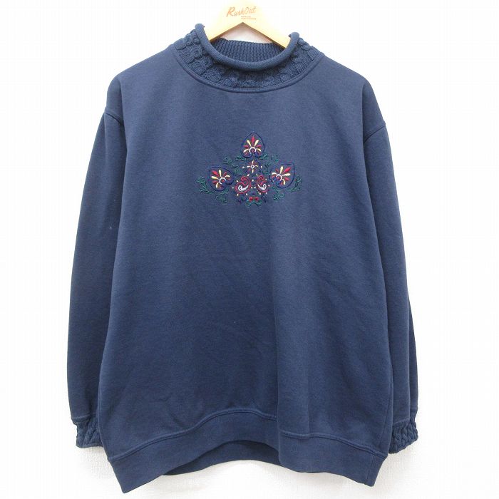 【50%OFF】古着 長袖 スウェット レディース 90年代 90s 刺繍 大きいサイズ モックネック ハイネック 濃紺 ネイビー 24dec20 中古 スエット トレーナー トップス