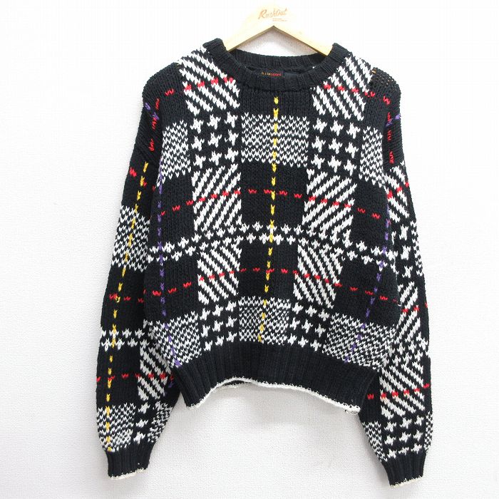 【50%OFF】古着 Liz Sport 長袖 セーター レディース 90年代 90s コットン クルーネック 黒 ブラック チェック 25jan09 中古 ニット トップス