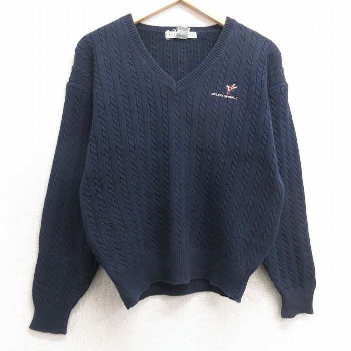 【50%OFF】古着 IZOD 長袖 ケーブル セーター レディース 90年代 90s DESERT SPRINGS コットン Vネック 紺 ネイビー 25jan11 中古 ニット トップス