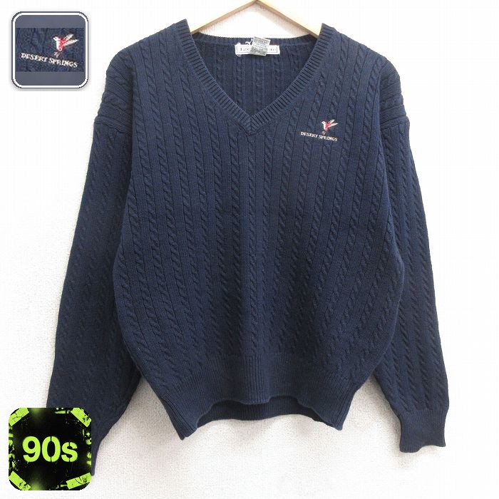 【50%OFF】古着 IZOD 長袖 ケーブル セーター レディース 90年代 90s DESERT SPRINGS コットン Vネック 紺 ネイビー 25jan11 中古 ニット トップス