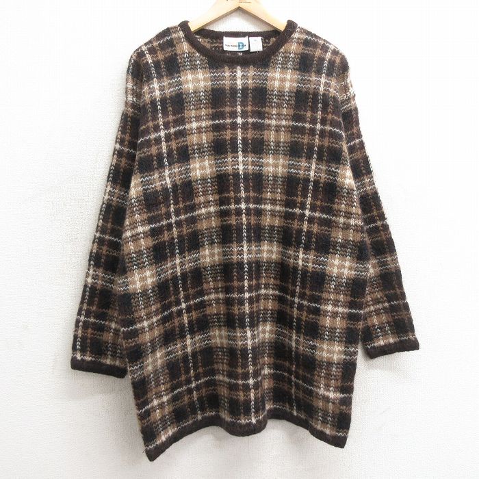 【20%OFF】古着 長袖 セーター レディース 90年代 90s ロング丈 大きいサイズ モヘア クルーネック デッドストック 茶他 ブラウン チェック 25jan11 中古 ニット トップス