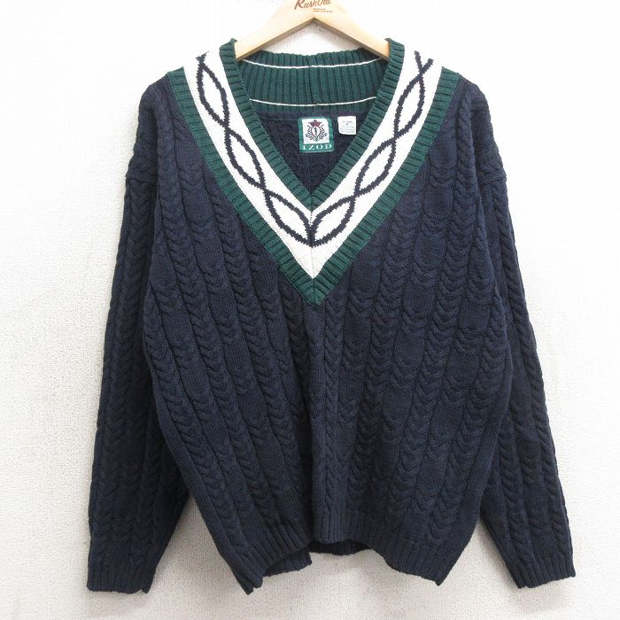 【50%OFF】古着 IZOD 長袖 チルデン ケーブル セーター レディース 90年代 90s コットン Vネック 紺他 ネイビー 25jan14 中古 ニット トップス