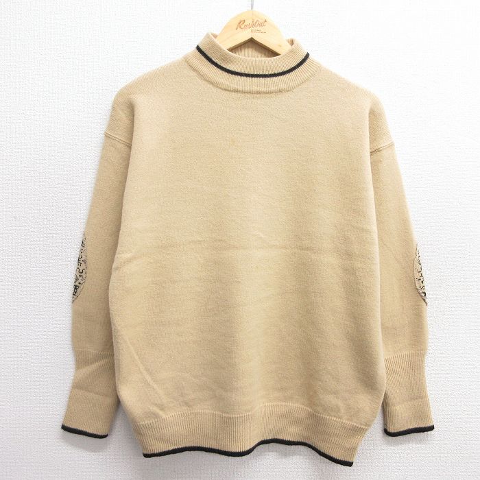 古着 長袖 セーター レディース 00年代 00s ヒジ当て ウール モックネック ハイネック ベージュ他 カーキ 25jan14 中古 ニット トップス