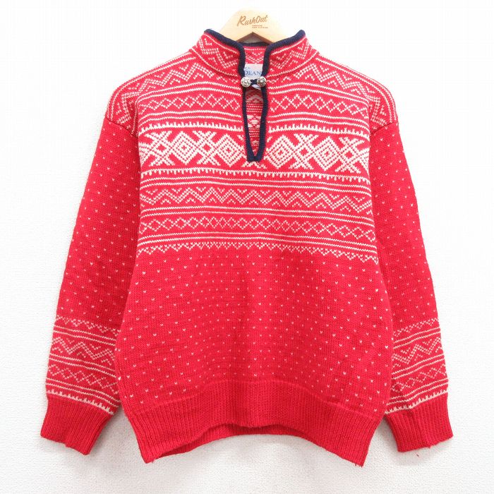 【50%OFF】古着 長袖 ハンティング セーター レディース 80年代 80s バーズアイ ウール モックネック ハイネック 赤他 レッド 25jan17 中古 ニット トップス