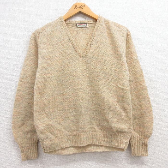 古着 長袖 セーター レディース 80年代 80s ウール Vネック ベージュ カーキ 25jan17 中古 ニット トップス