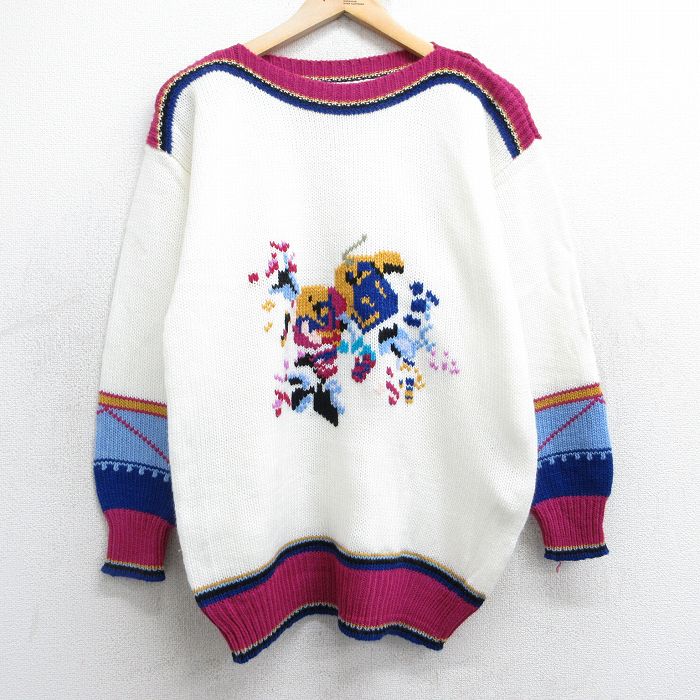 【50%OFF】古着 長袖 セーター レディース 90年代 90s アクリル ボートネック 白他 ホワイト 25jan25 中古 ニット トップス