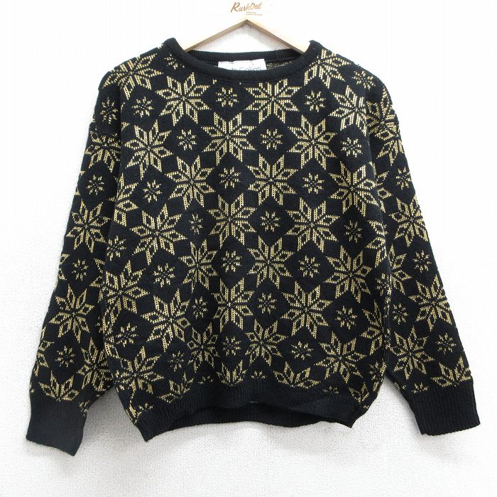 【50%OFF】古着 長袖 セーター レディース 90年代 90s 雪柄 クルーネック USA製 黒他 ブラック 25jan25 中古 ニット トップス