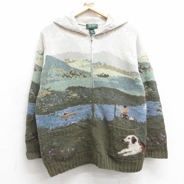 古着 ラルフローレン Ralph Lauren 長袖 ブランド フルジップ ニット カーディガン パーカー レディース 馬車 犬 ラムウール ベージュ他 カーキ 【spe】 25feb01 中古 トップス
