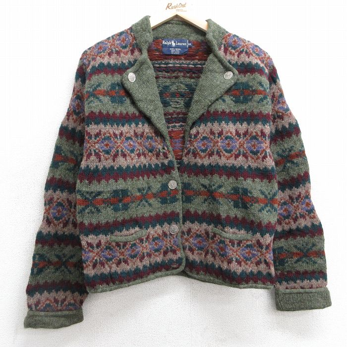 古着 ラルフローレン Ralph Lauren 長袖 ブランド ニット カーディガン レディース 90年代 90s 雪柄 手編み ハンドニット ウール 開襟 オープンカラー 濃緑系他 グリーン 【spe】 25feb01 中古 トップス