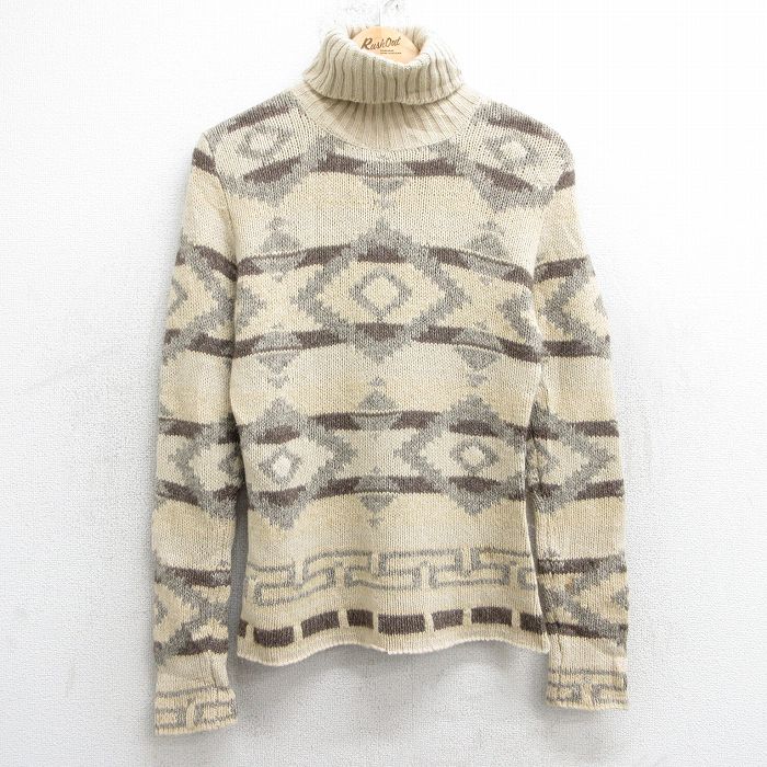 古着 ラルフローレン Ralph Lauren ポロスポーツ 長袖 ブランド セーター レディース 90年代 90s ネイティブ柄 ラグ柄 ウール シルク タートルネック ハイネック ベージュ他 カーキ 25feb01 中古 ニット トップス
