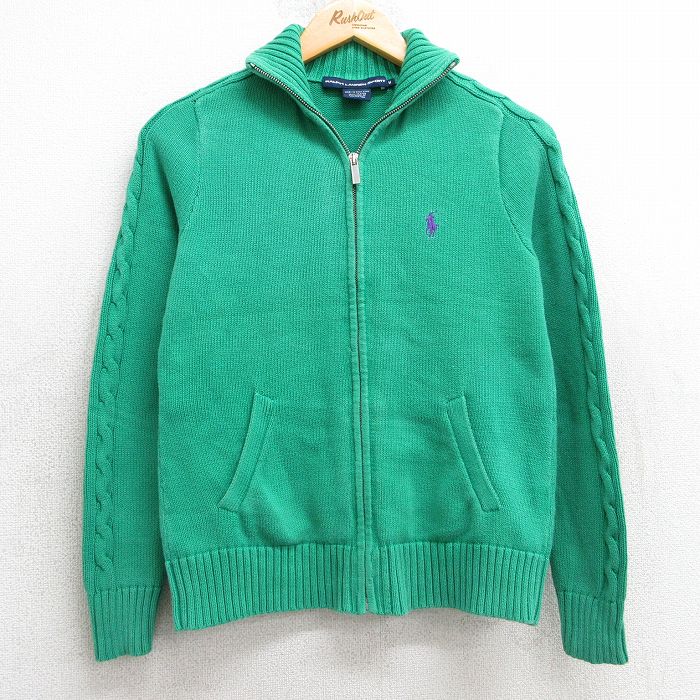 古着 ラルフローレン Ralph Lauren 長袖 ブランド フルジップ ニット カーディガン レディース 90年代 90s ワンポイントロゴ コットン 緑 グリーン 25feb07 中古 トップス