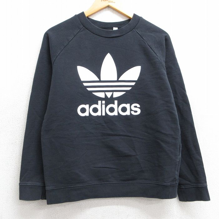 古着 アディダス adidas 長袖 スウェット レディース ビッグロゴ リーフ トレフォイル ラグラン コットン クルーネック 黒 ブラック 25feb07 中古 スエット トレーナー トップス
