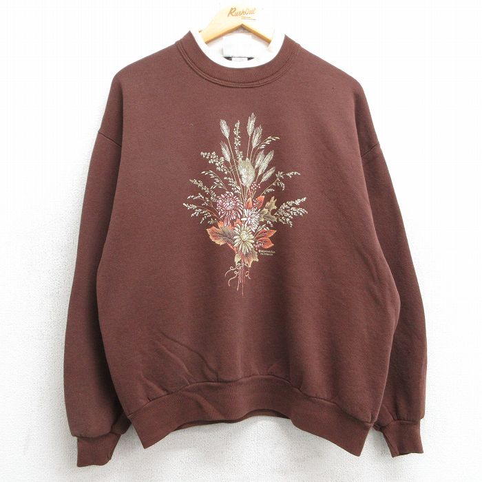 古着 長袖 スウェット レディース 90年代 90s 花 ハムスター クルーネック USA製 茶 ブラウン 25feb07 中古 スエット トレーナー トップス