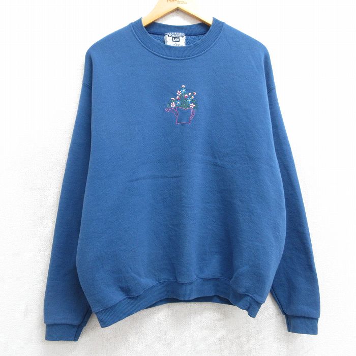 古着 リー Lee 長袖 スウェット レディース 90年代 90s 花 ジョウロ 刺繍 クルーネック USA製 紺系 ネイビー 25feb07 中古 スエット トレーナー トップス