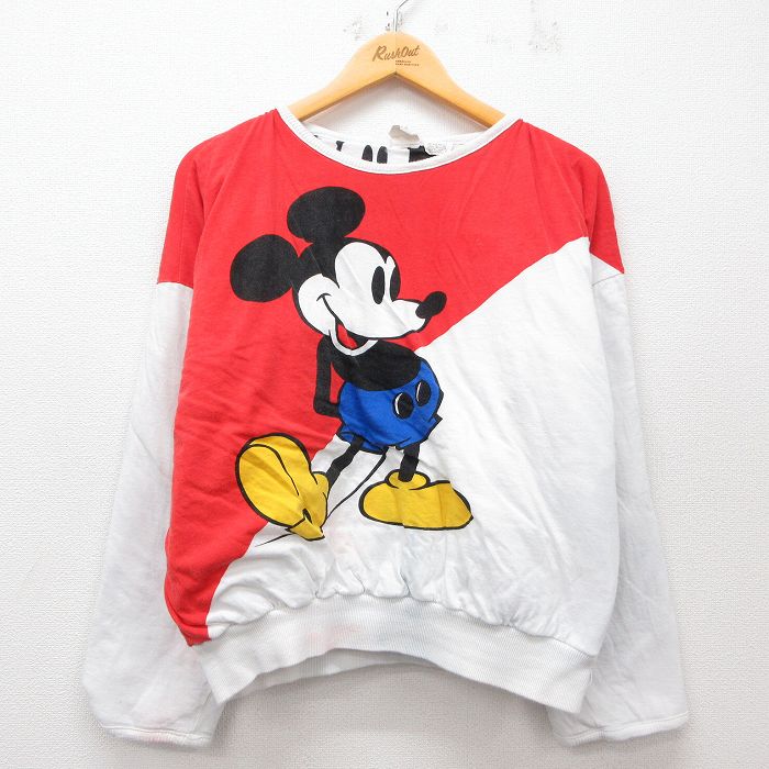 古着 長袖 スウェット レディース 90年代 90s ディズニー DISNEY ミッキー MICKEY MOUSE 両面プリント リバーシブル 大きいサイズ コットン クルーネック 白他 ホワイト 【spe】 25mar07 中古 スエット トレーナー トップス
