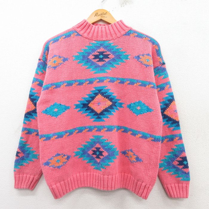 【20%OFF】古着 長袖 セーター レディース 00年代 00s ネイティブ柄 ラグ柄 モックネック ハイネック ピンク他 25mar07 中古 ニット トップス