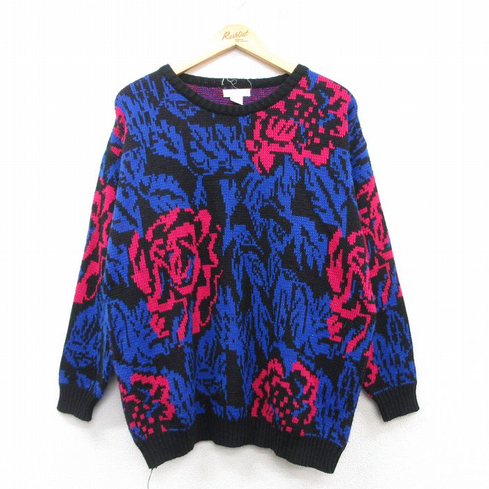 古着 長袖 セーター レディース 00年代 00s バラ アクリル クルーネック 青他 ブルー 25mar07 中古 ニット トップス