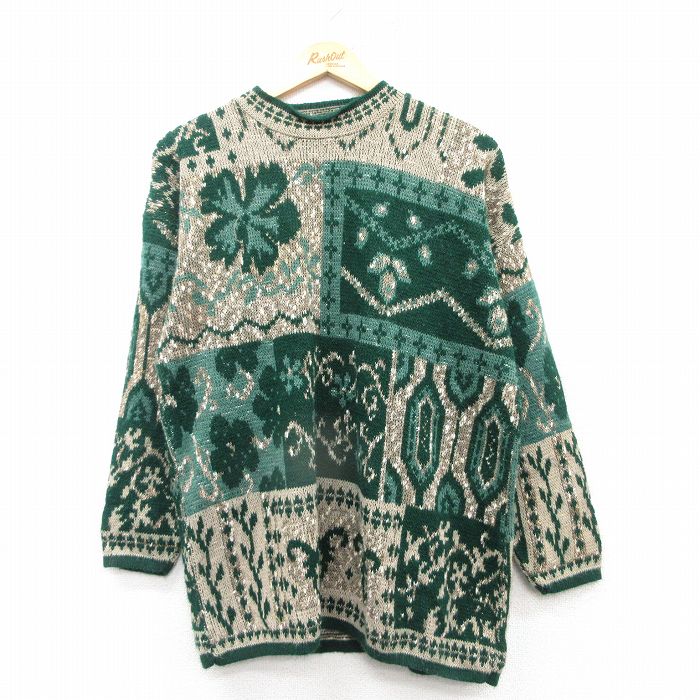 【20%OFF】古着 長袖 セーター レディース 90年代 90s 花 アクリル クルーネック USA製 緑他 グリーン 25mar07 中古 ニット トップス