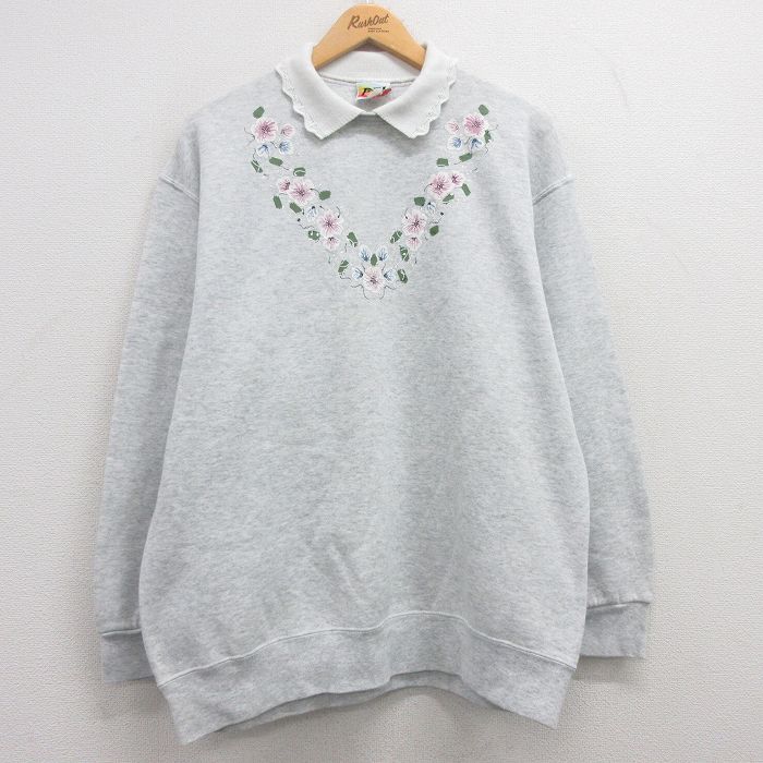 古着 長袖 スウェット レディース 90年代 90s 花 襟付き USA製 薄グレー 霜降り 25mar18 中古 スエット トレーナー トップス