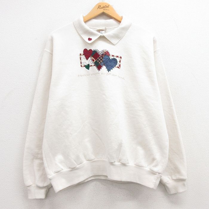 【50%OFF】古着 長袖 スウェット レディース 00年代 00s ハート 刺繍 大きいサイズ 襟付き 生成り 25mar18 中古 スエット トレーナー トップス