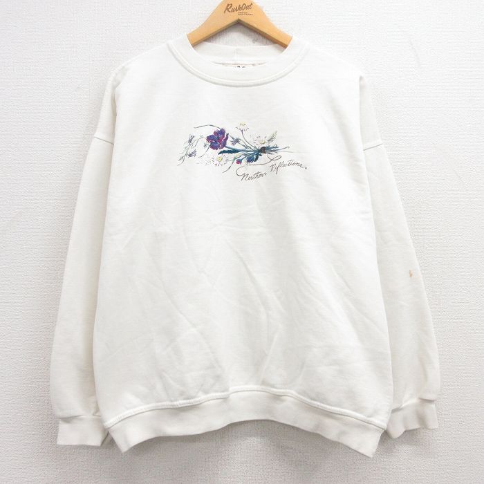 古着 長袖 スウェット レディース 00年代 00s 花 刺繍 大きいサイズ クルーネック 白 ホワイト 25mar18 中古 スエット トレーナー トップス