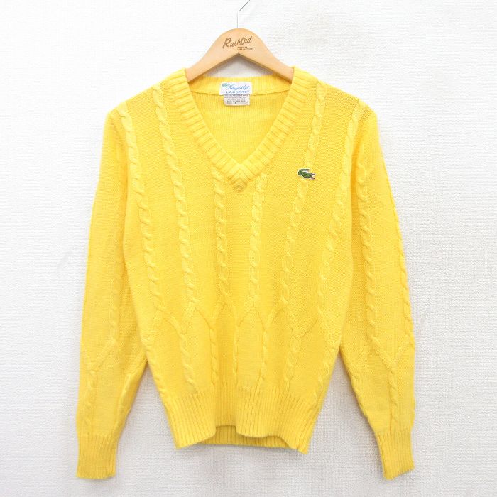 【50%OFF】古着 ラコステ LACOSTE 長袖 ブランド ケーブル セーター レディース 90年代 90s ワンポイントロゴ アクリル Vネック 黄 イエロー 25mar25 中古 ニット トップス