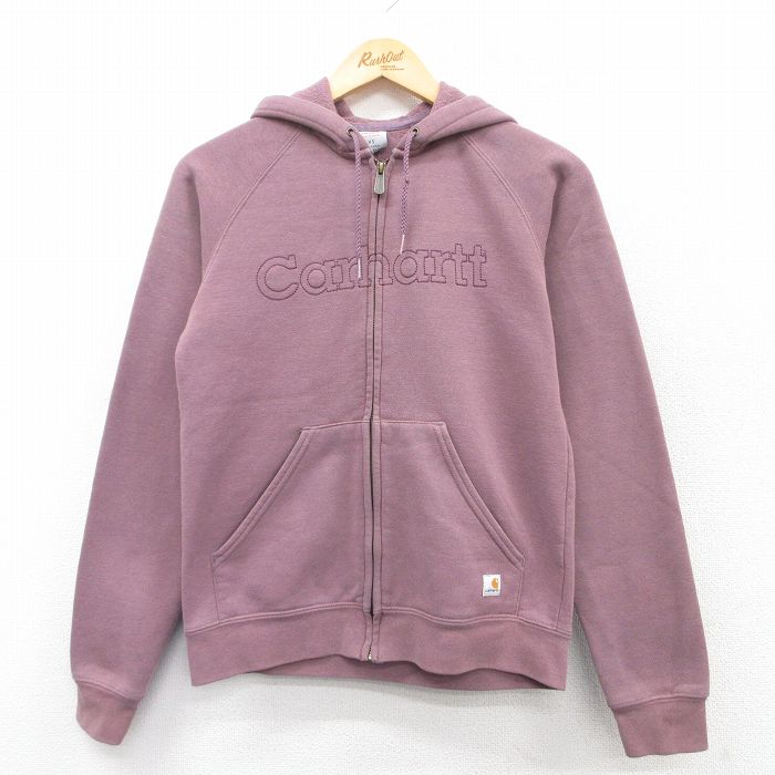 古着 カーハート Carhartt 長袖 フルジップ スウェット パーカー レディース ビッグロゴ 刺繍 ラグラン 薄紫 パープル 25mar25 中古 スエット トレーナー トップス