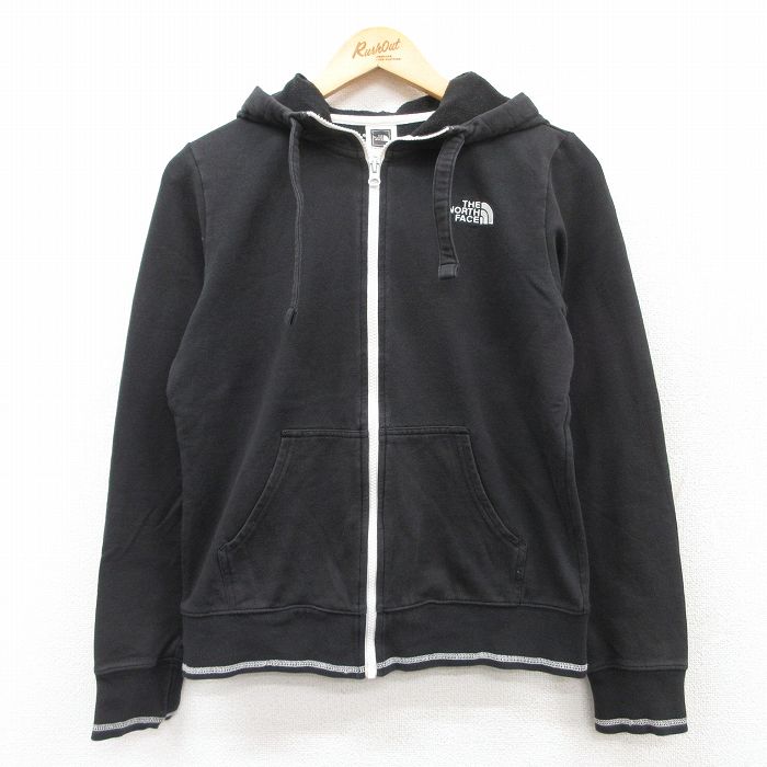 古着 ノースフェイス THE NORTH FACE 長袖 フルジップ スウェット パーカー レディース ワンポイントロゴ 黒 ブラック 25mar28 中古 スエット トレーナー トップス