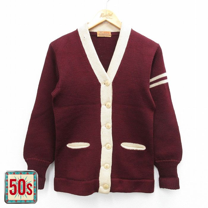 古着 長袖 ビンテージ レタード ニット カーディガン レディース 50年代 50s ツートンカラー ウール エンジ他 【spe】 25oct16 中古 トップス
