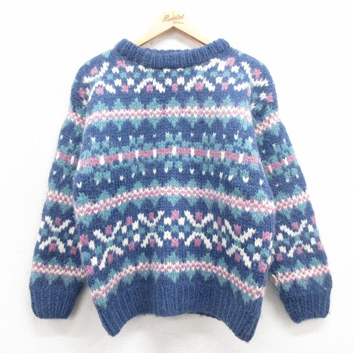 古着 長袖 セーター レディース 90年代 90s 手編み クルーネック 薄紺 ネイビー 25oct22 中古 ニット トップス
