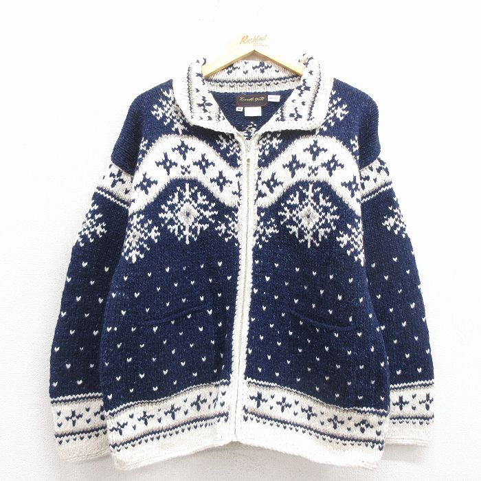 古着 長袖 フルジップ ノルディック ニット カーディガン レディース 雪柄 バーズアイ エクアドル製 紺他 25nov17
