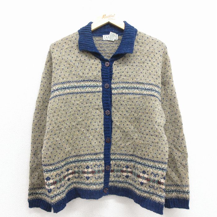 古着 エルエルビーン 長袖 ニット カーディガン レディース 90年代 90s バーズアイ スコットランド製 ベージュ他【spe】 25nov17