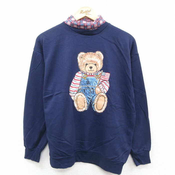 古着 ベーシックエディションズ 長袖 スウェット レディース 90年代 90s クマ タートルネック ハイネック 紺 25nov22