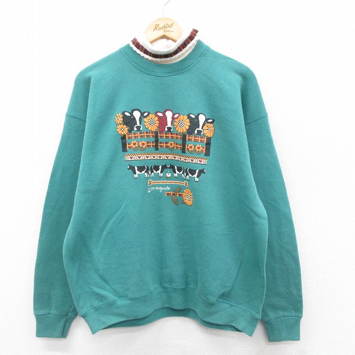 古着 長袖 スウェット レディース 90年代 90s ウシ 花 タートルネック ハイネック USA製 青緑 25nov22