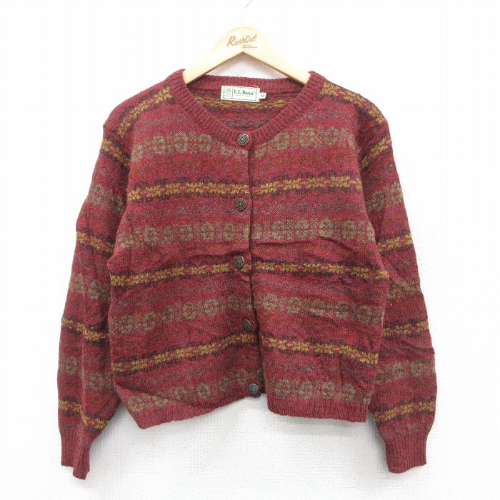 古着 エルエルビーン 長袖 ニット カーディガン レディース 90年代 90s フェアアイル ウール エンジ他【spe】 25nov22
