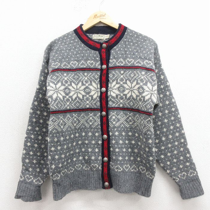 古着 エルエルビーン 長袖 ノルディック ニット カーディガン レディース 90年代 90s 雪柄 バーズアイ USA製 グレー他 25nov28