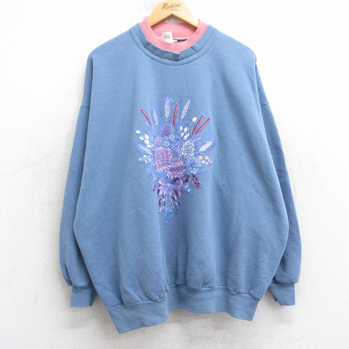 古着 長袖 スウェット レディース 90年代 90s 花束 大きいサイズ クルーネック USA製 薄紺 25dec09