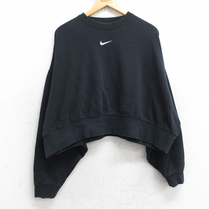 古着 ナイキ NIKE 長袖 スウェット レディース ワンポイントロゴ センタースウォッシュ ショート丈 大きいサイズ クルーネック 黒【spe】 25dec09