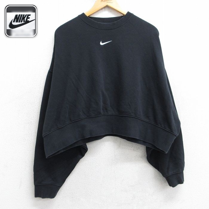 古着 ナイキ NIKE 長袖 スウェット レディース ワンポイントロゴ センタースウォッシュ ショート丈 大きいサイズ クルーネック 黒【spe】 25dec09