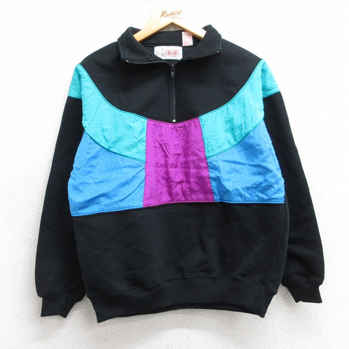 古着 長袖 ハーフジップ スウェット レディース 90年代 90s 黒他 25dec09